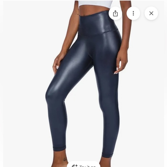 90 Degree By Reflex Pants - High Waisted Dark Navy Leatherette Leggings